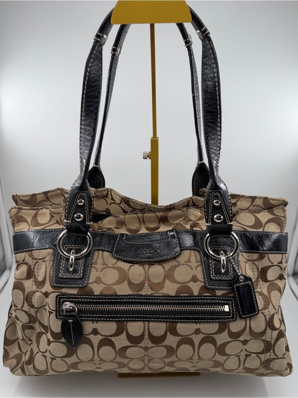 Coach Brown Khaki Signature Canvas Shoulder Bag with Black Trim